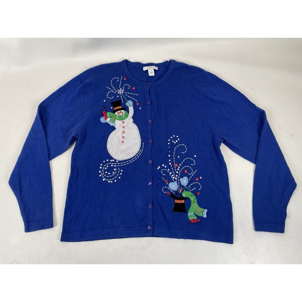 Dressbarn Christmas Frosty The Snowman Button Up Sweater Womens Size L Blue